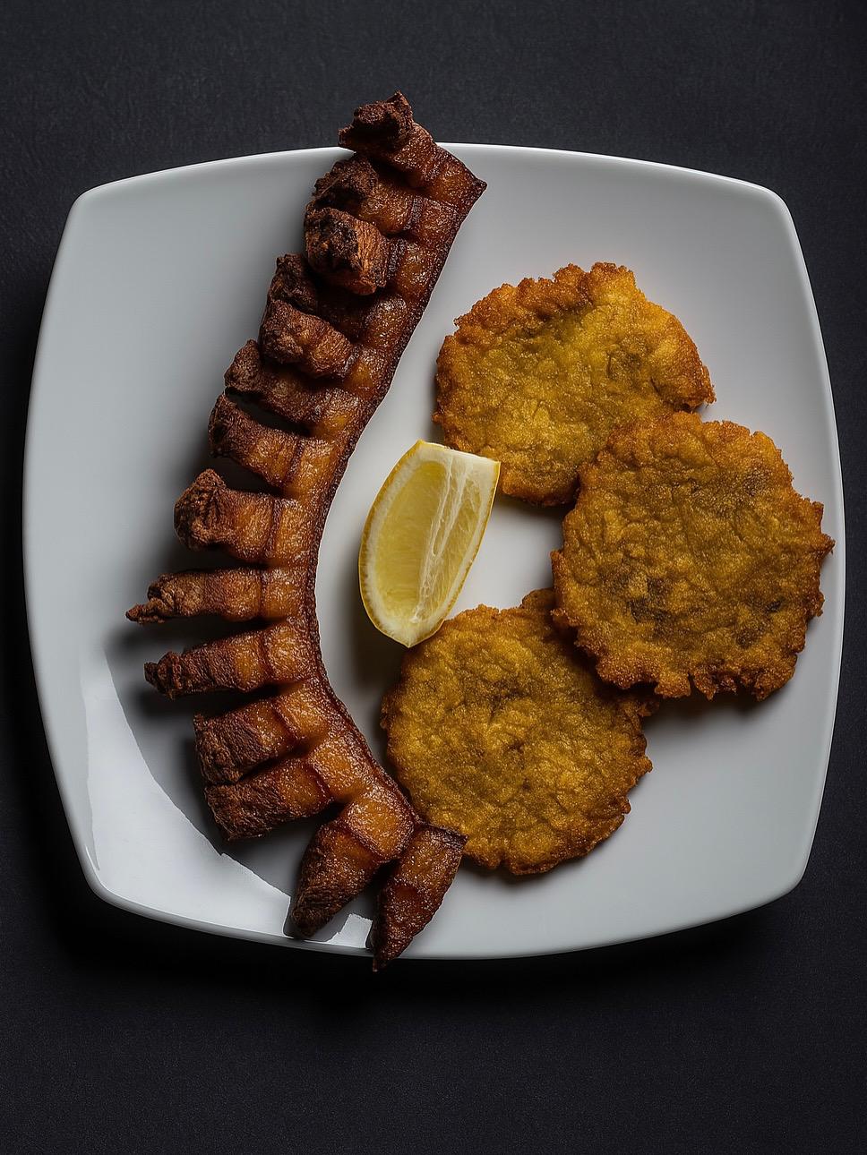Chicharrón frito con arepa